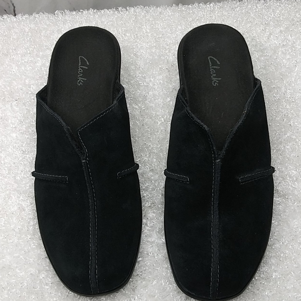 Clarks suede black open back heels